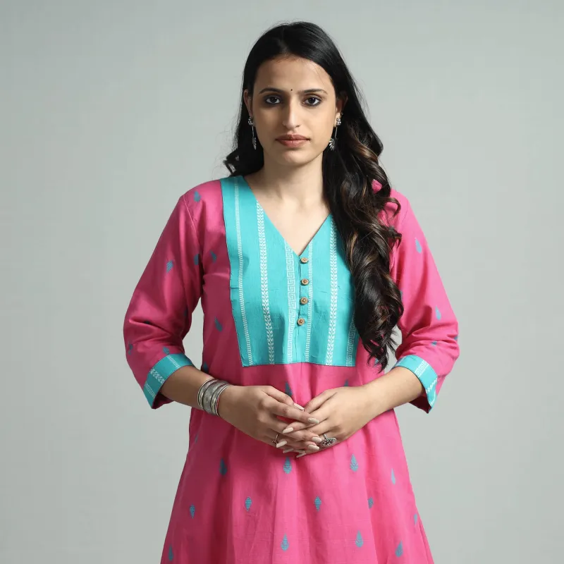 Pink - Jacquard Cotton Floral A-Line Kurta made by Itokri