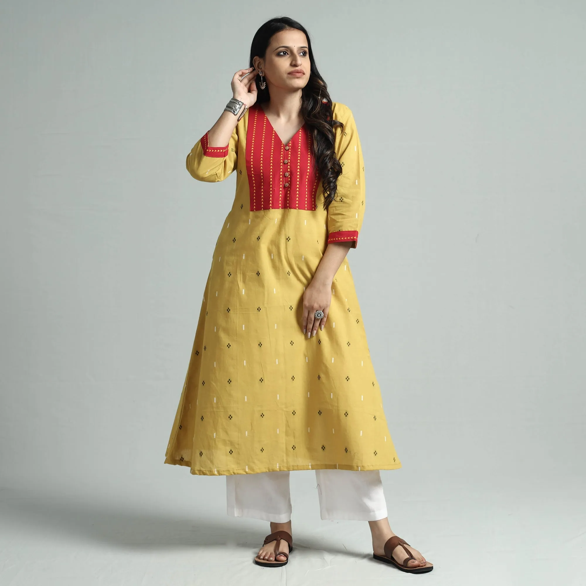 Yellow - Jacquard Cotton Floral A-Line Kurta sold by Itokri product image thumbnail 3