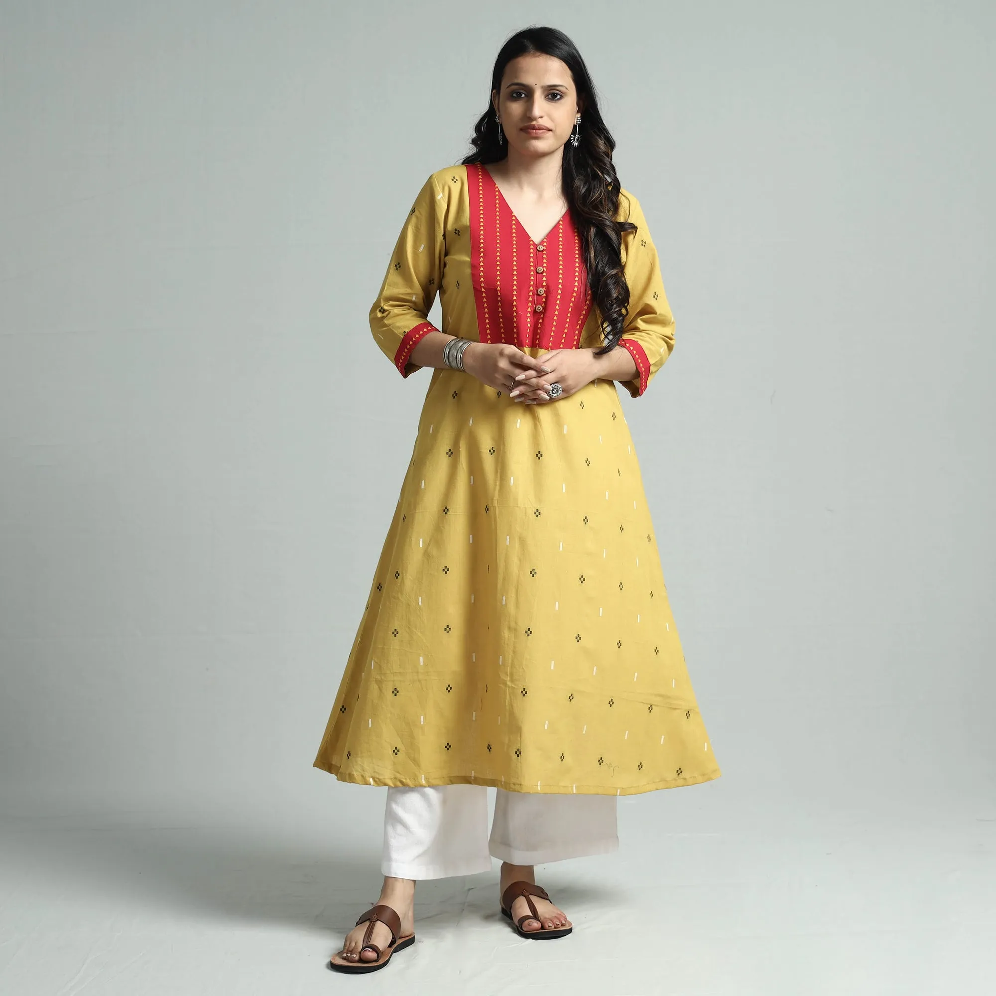 Yellow - Jacquard Cotton Floral A-Line Kurta sold by Itokri product image thumbnail 2