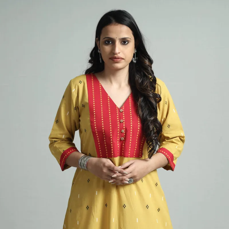 Yellow - Jacquard Cotton Floral A-Line Kurta made by Itokri