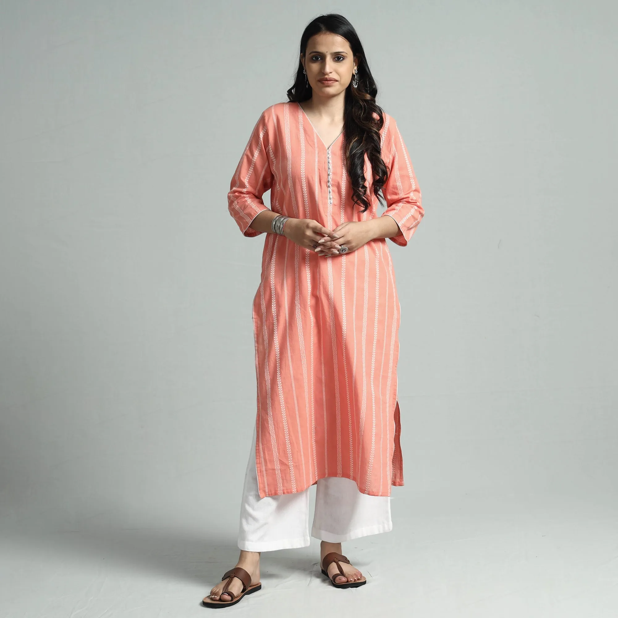 Peach - Jacquard Cotton Straight Kurta sold by Itokri product image thumbnail 2