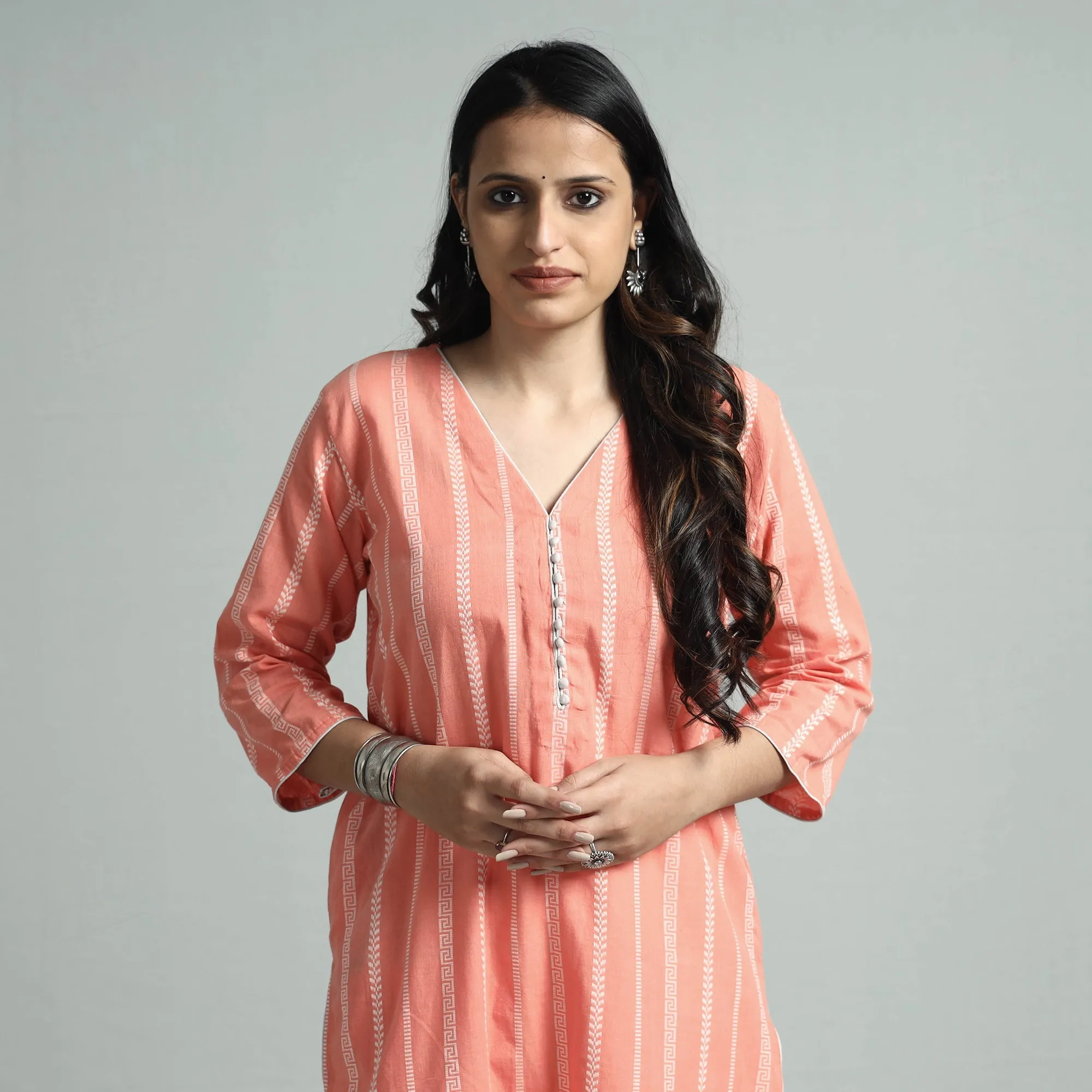 Peach - Jacquard Cotton Straight Kurta sold by Itokri