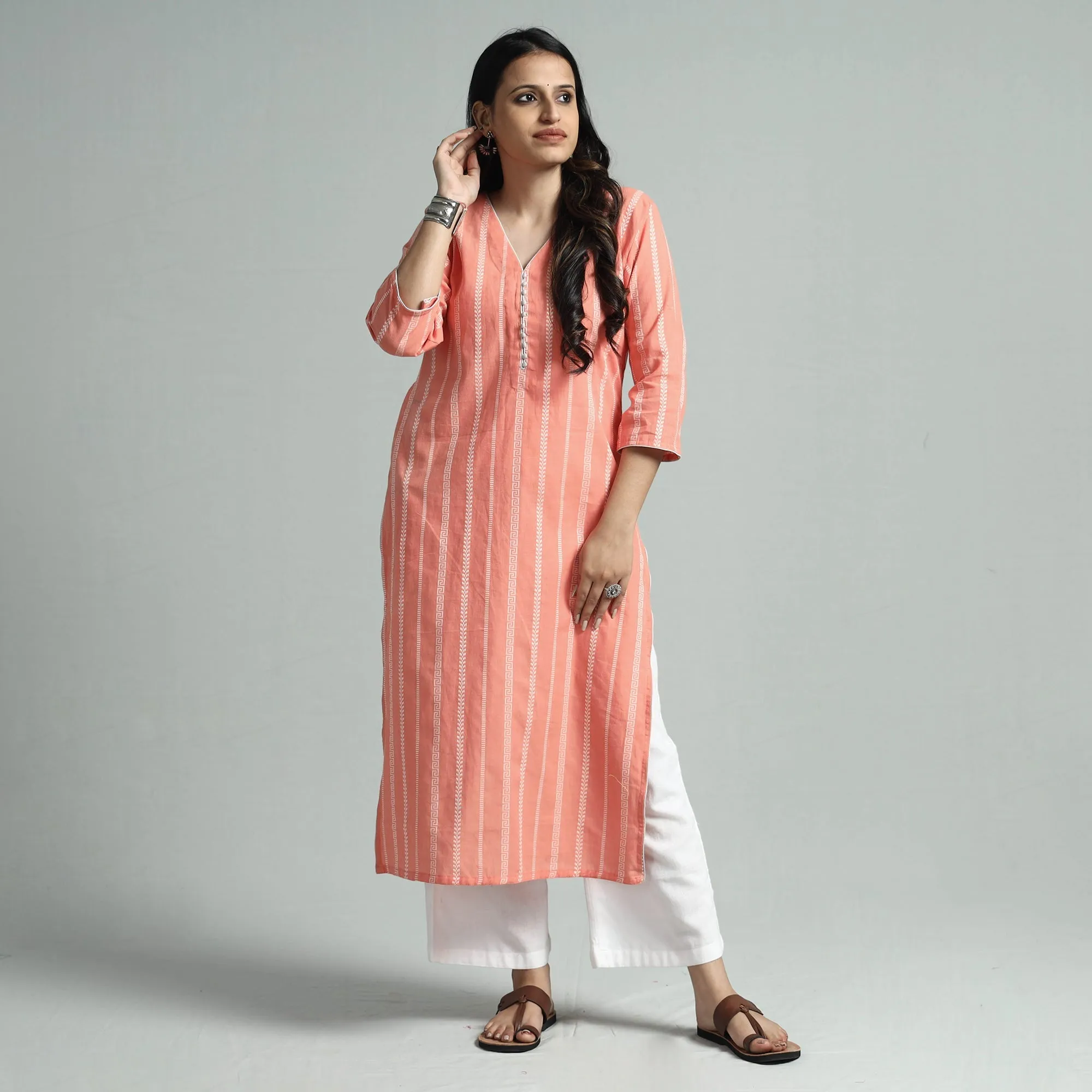 Peach - Jacquard Cotton Straight Kurta sold by Itokri product image thumbnail 3