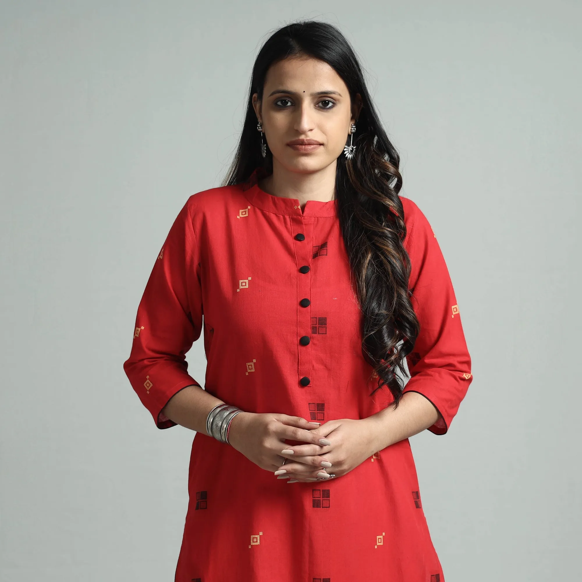 Red - Jacquard Cotton Straight Kurta sold by Itokri