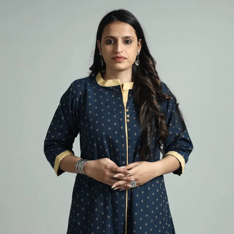 Navy Blue - Jacquard Cotton Floral A-Line Kurta sold by Itokri