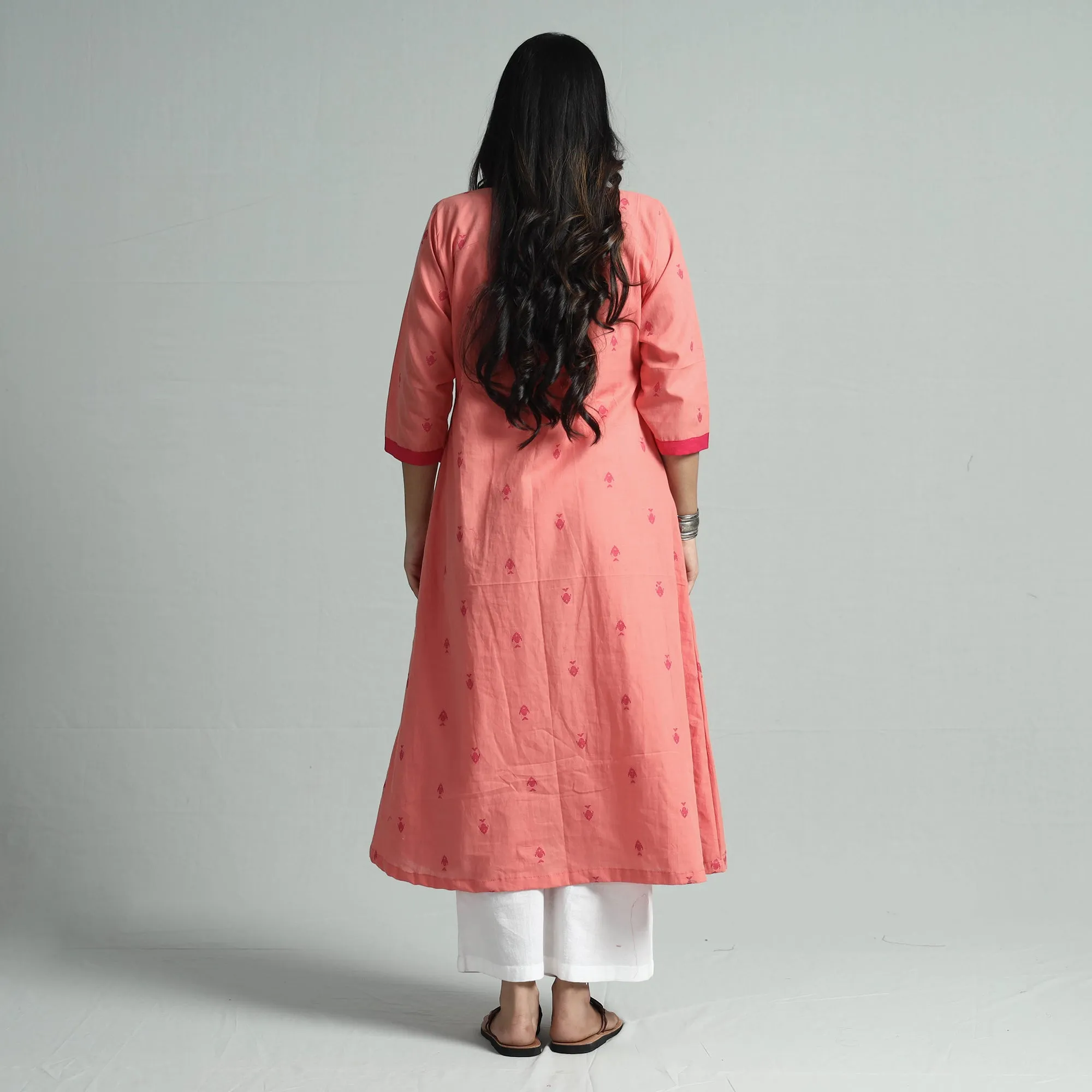 Peach - Jacquard Cotton Floral A-Line Kurta sold by Itokri product image thumbnail 5
