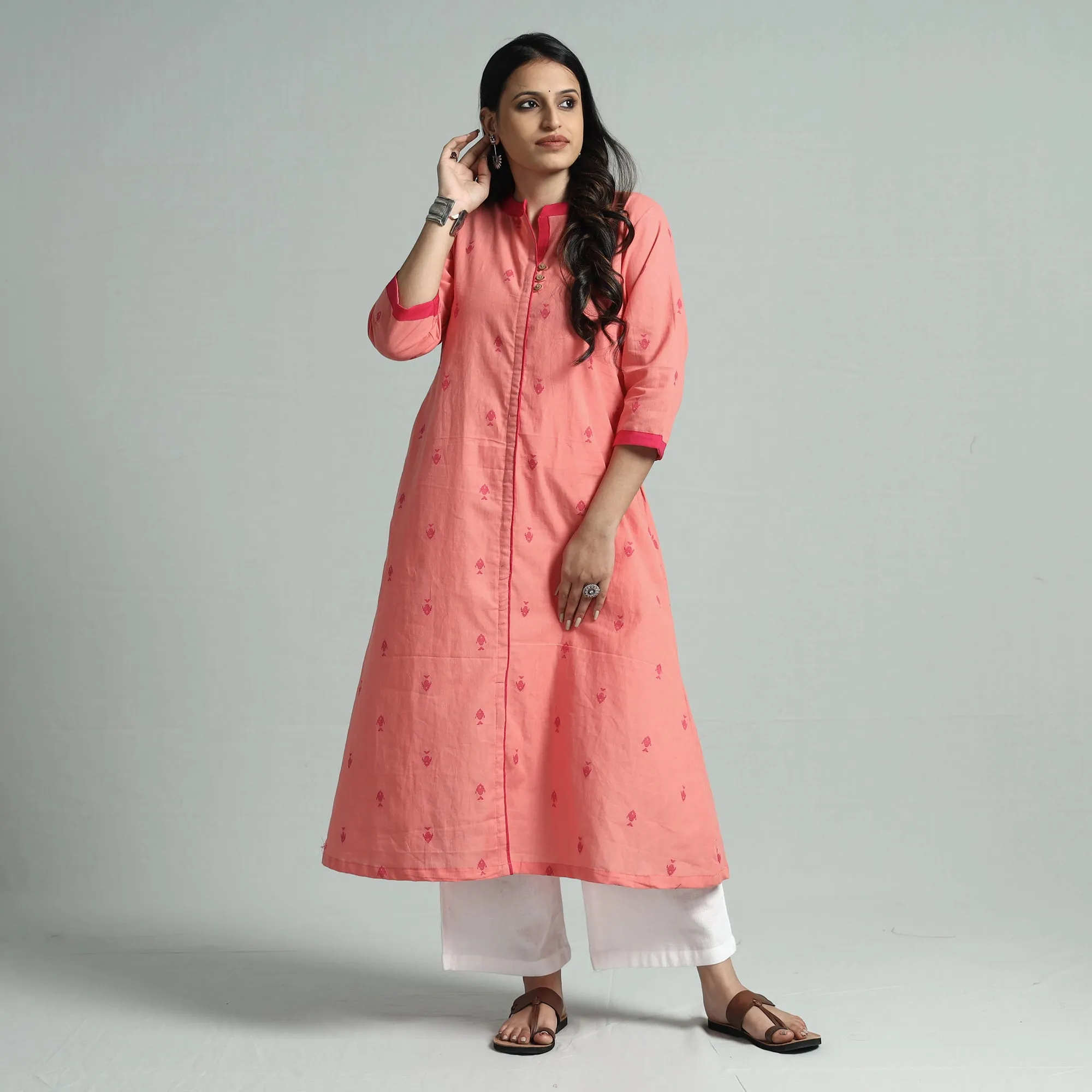 Peach - Jacquard Cotton Floral A-Line Kurta sold by Itokri product image thumbnail 3