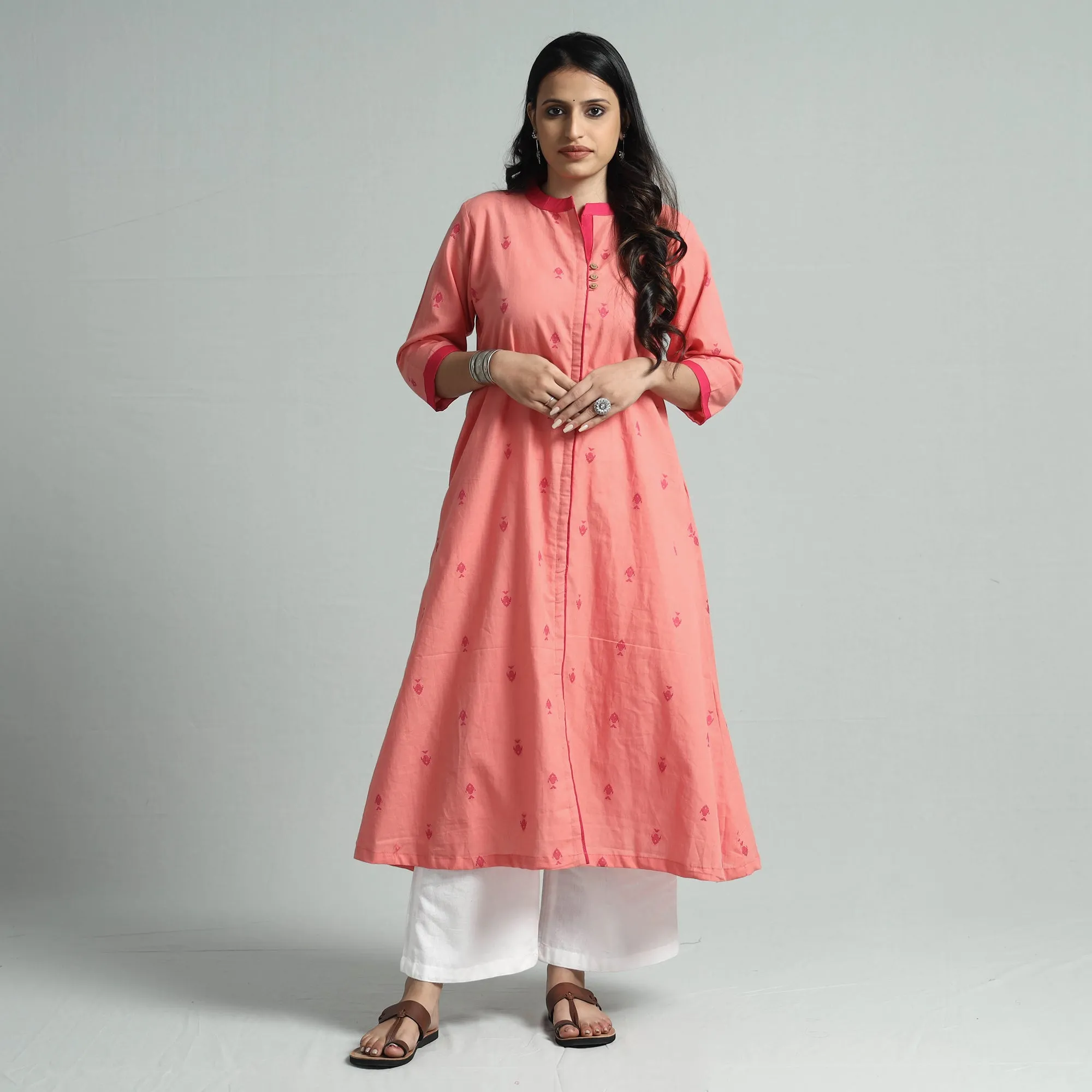Peach - Jacquard Cotton Floral A-Line Kurta sold by Itokri product image thumbnail 2