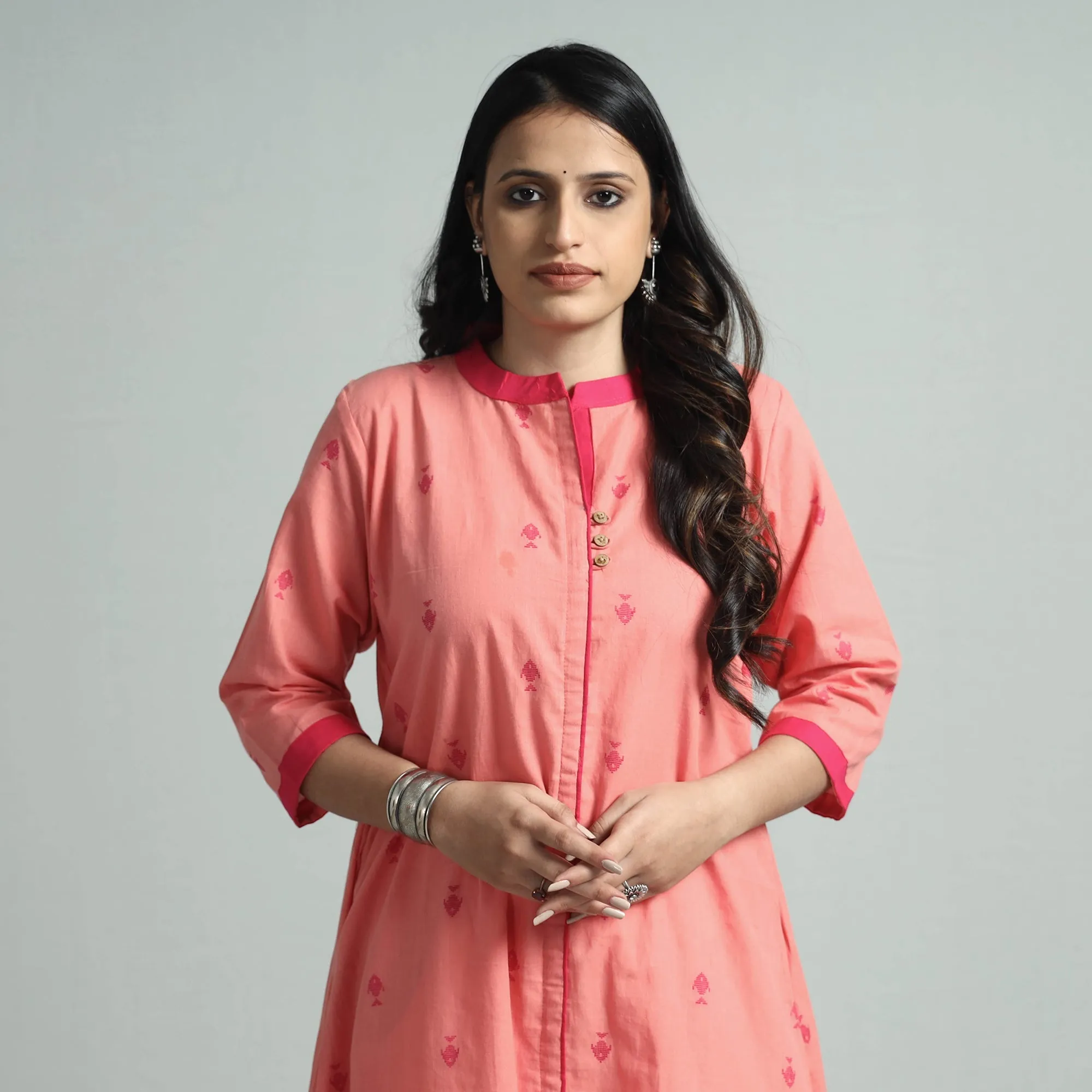 Peach - Jacquard Cotton Floral A-Line Kurta sold by Itokri