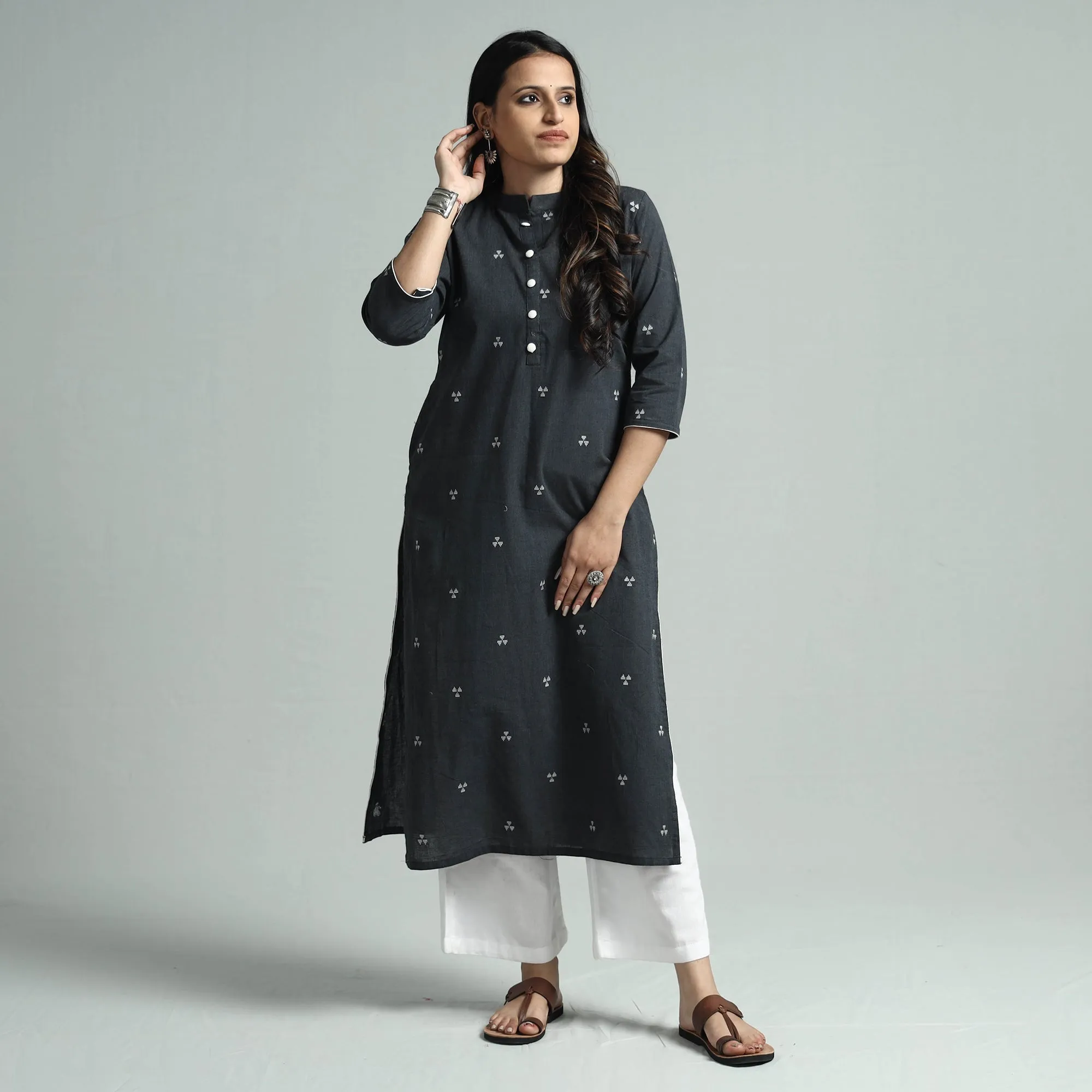 Dark Grey Jacquard Cotton Straight Kurta sold by Itokri product image thumbnail 3