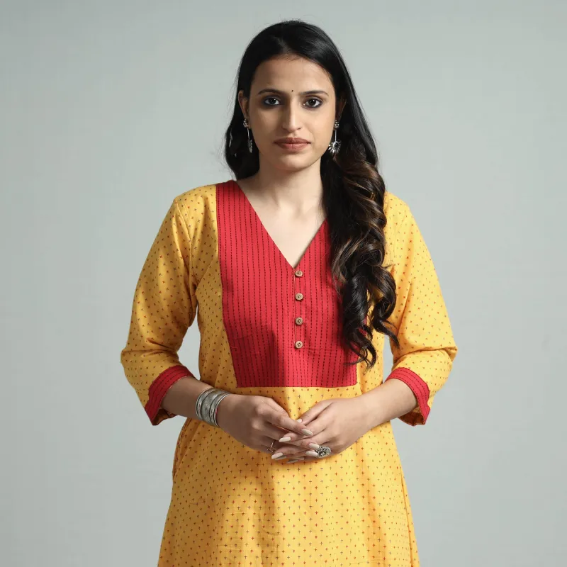 Yellow - Jacquard Cotton Floral A-Line Kurta sold by Itokri