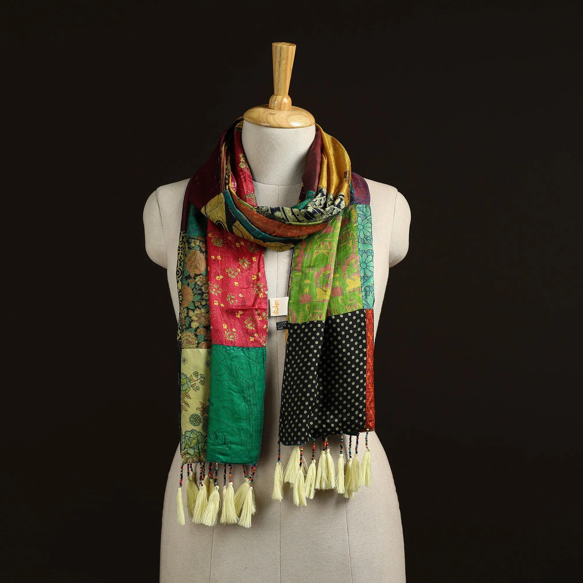 Multicolor - Pure Silk Patchwork Stole with Tassels 45 sold by Itokri