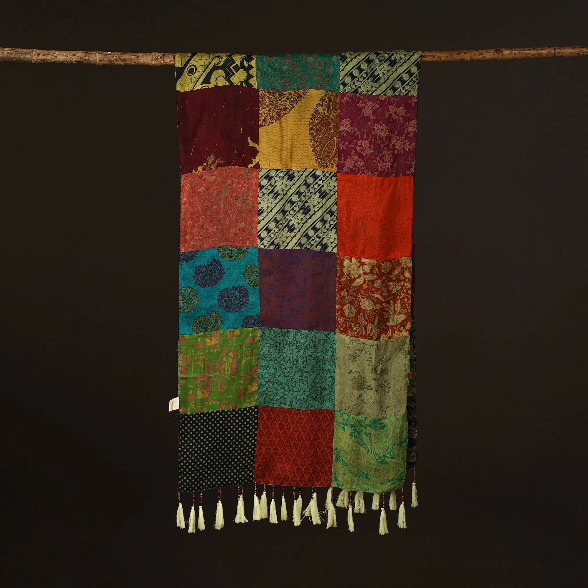 Multicolor - Pure Silk Patchwork Stole with Tassels 45 sold by Itokri product image thumbnail 3
