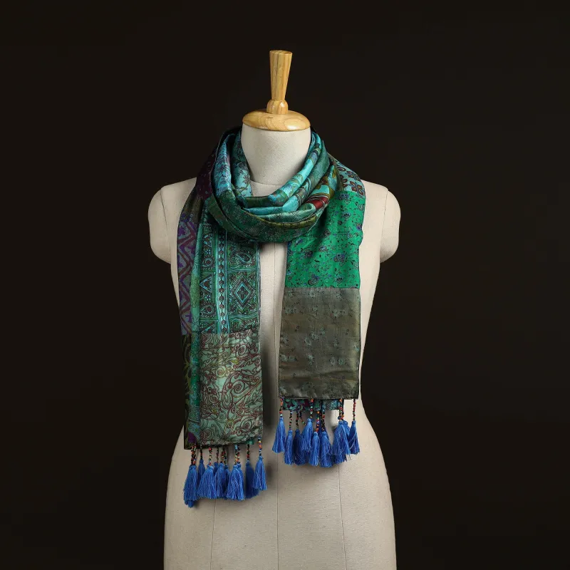 Multicolor - Pure Silk Patchwork Stole with Tassels 44 made by Itokri