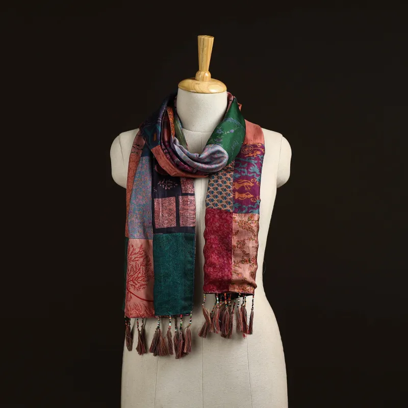 Multicolor - Pure Silk Patchwork Stole with Tassels 43 made by Itokri