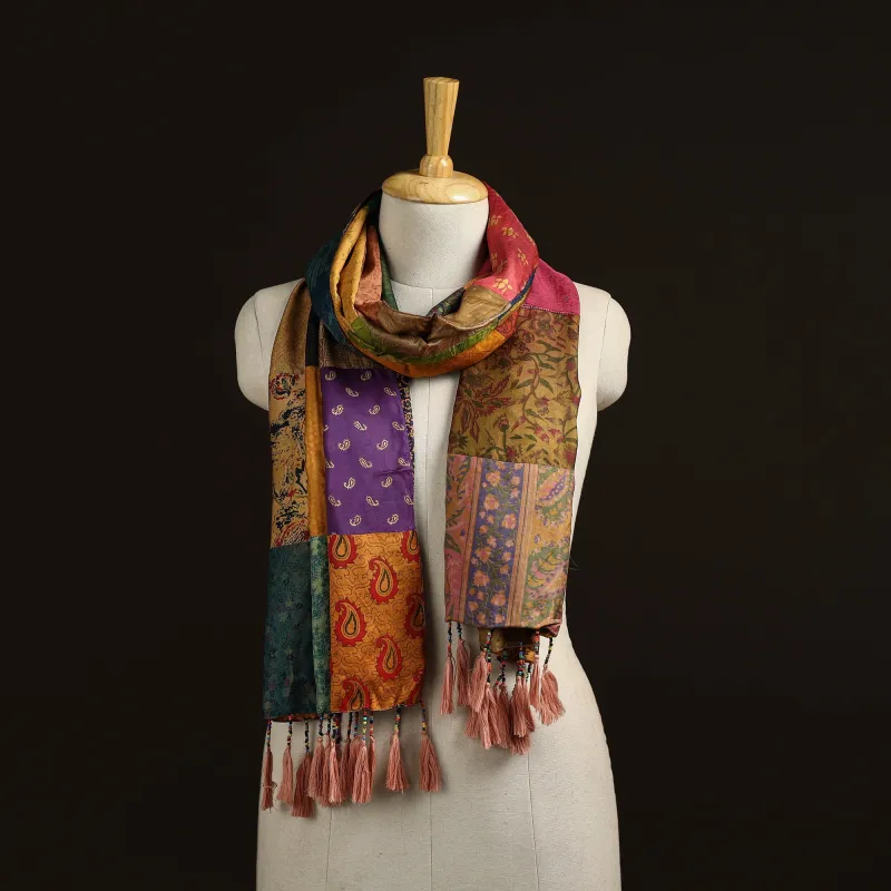 Multicolor - Pure Silk Patchwork Stole with Tassels 41 made by Itokri
