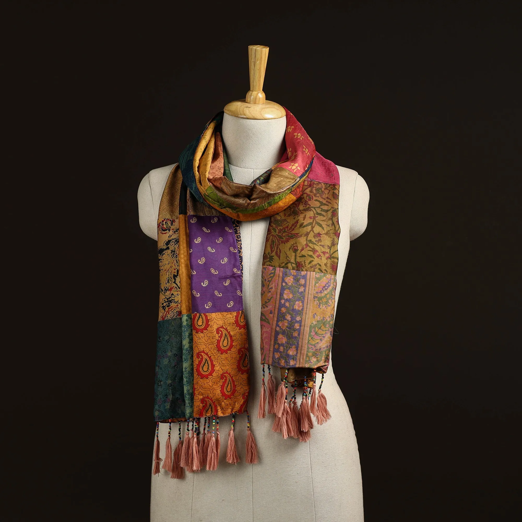 Multicolor - Pure Silk Patchwork Stole with Tassels 41 sold by Itokri
