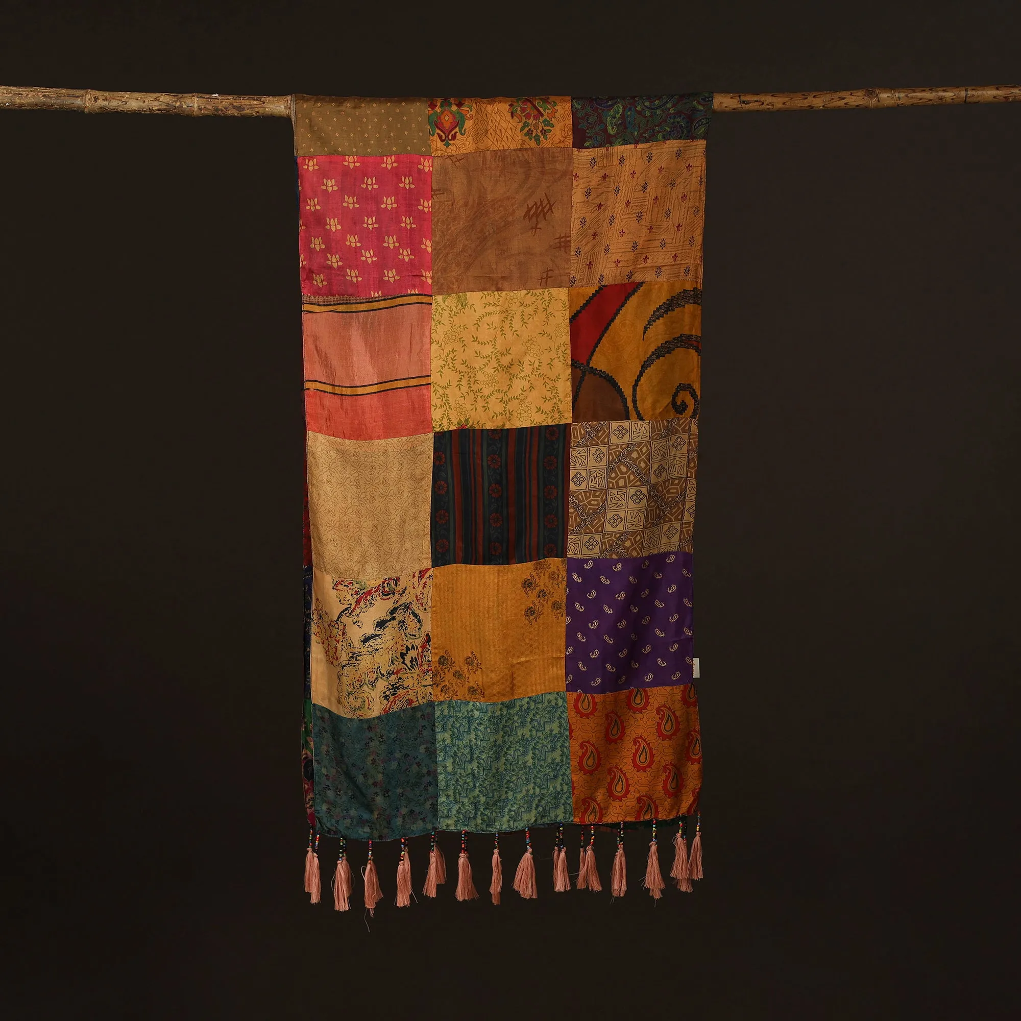 Multicolor - Pure Silk Patchwork Stole with Tassels 41 sold by Itokri product image thumbnail 3