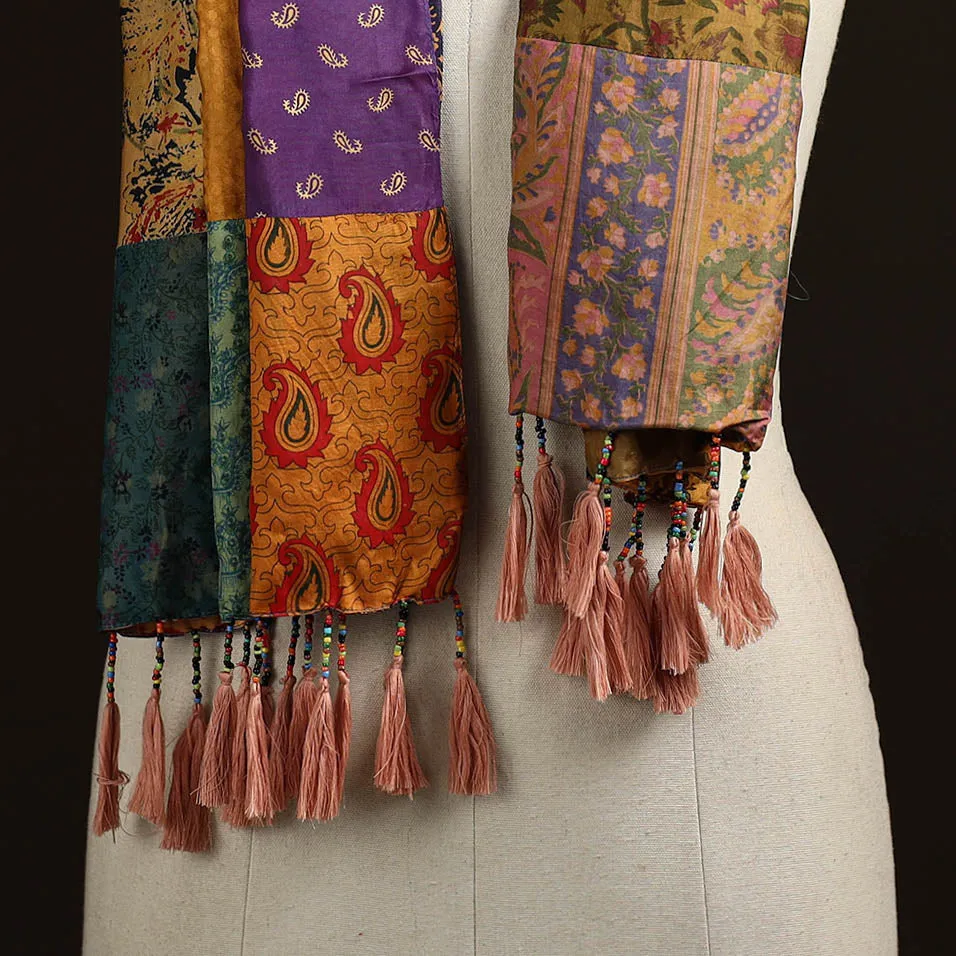 Multicolor - Pure Silk Patchwork Stole with Tassels 41 sold by Itokri product image thumbnail 2