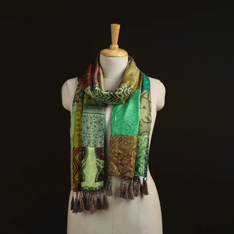 Multicolor - Pure Silk Patchwork Stole with Tassels 39 made by Itokri