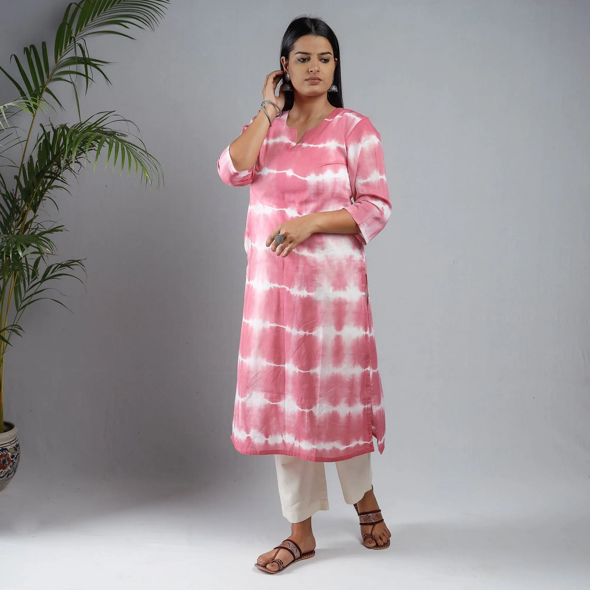 Pink & White Shibori Tie-Dye Mul Cotton Long Kurta sold by Itokri