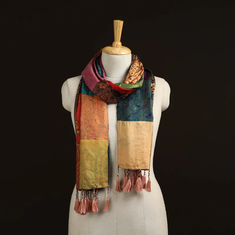 Multicolor - Pure Silk Patchwork Stole with Tassels 36 made by Itokri