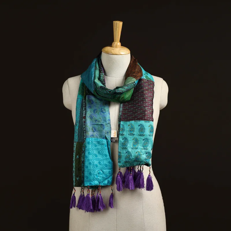 Multicolor - Pure Silk Patchwork Stole with Tassels 35 made by Itokri
