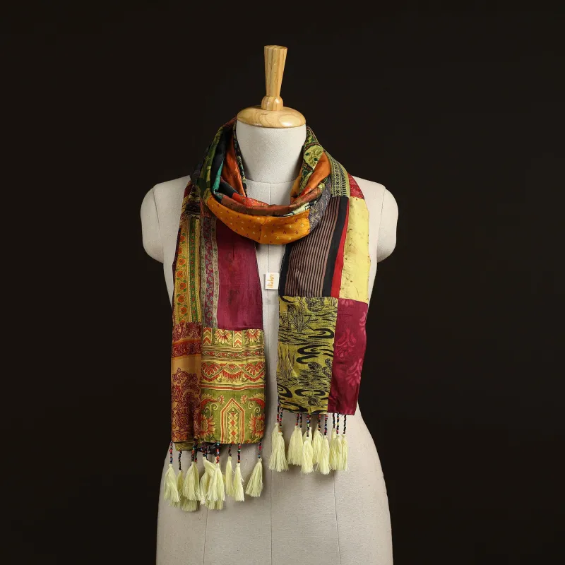Multicolor - Pure Silk Patchwork Stole with Tassels 33 made by Itokri