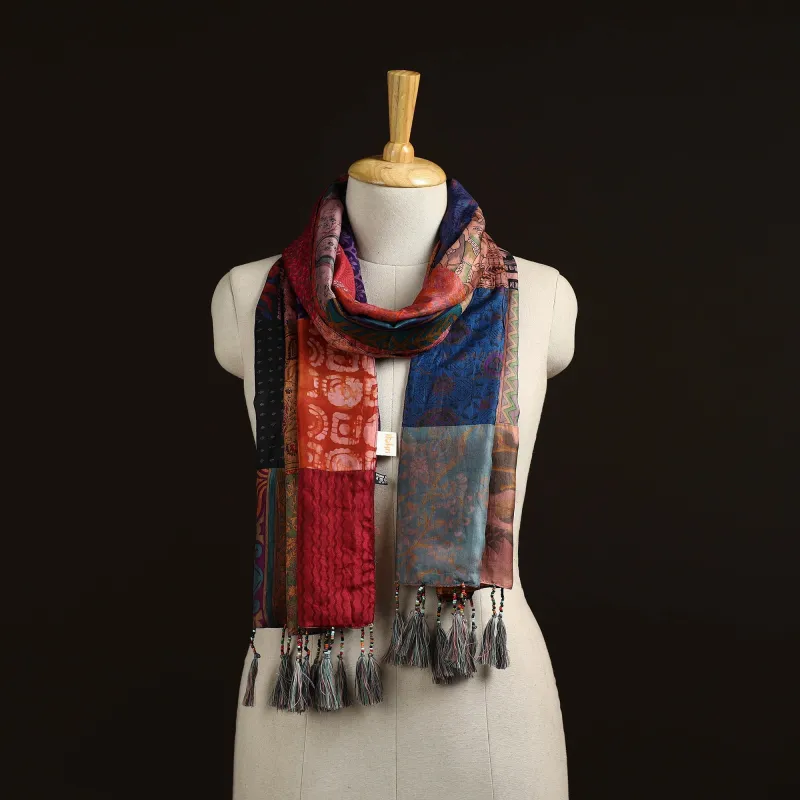 Multicolor - Pure Silk Patchwork Stole with Tassels 32 made by Itokri