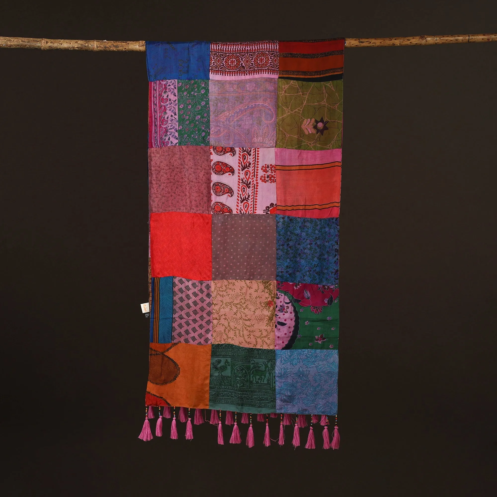 Multicolor - Pure Silk Patchwork Stole with Tassels 31 sold by Itokri product image thumbnail 3