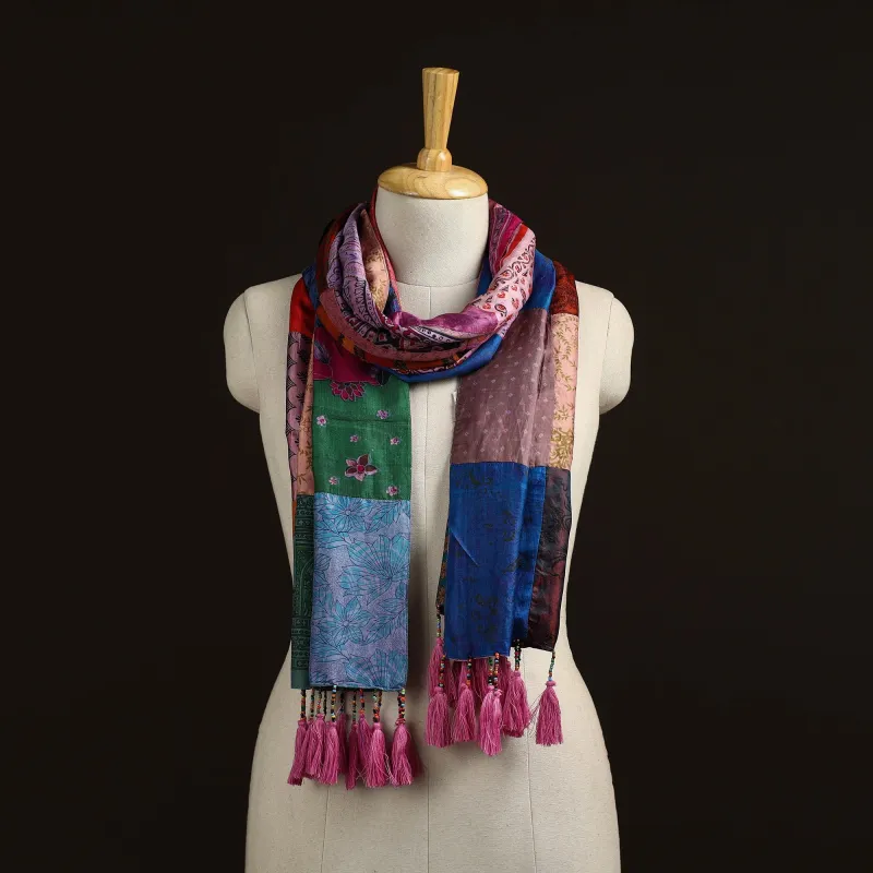 Multicolor - Pure Silk Patchwork Stole with Tassels 31 made by Itokri