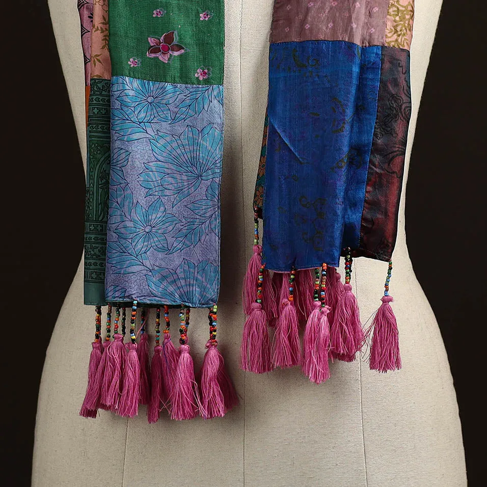 Multicolor - Pure Silk Patchwork Stole with Tassels 31 sold by Itokri product image thumbnail 2
