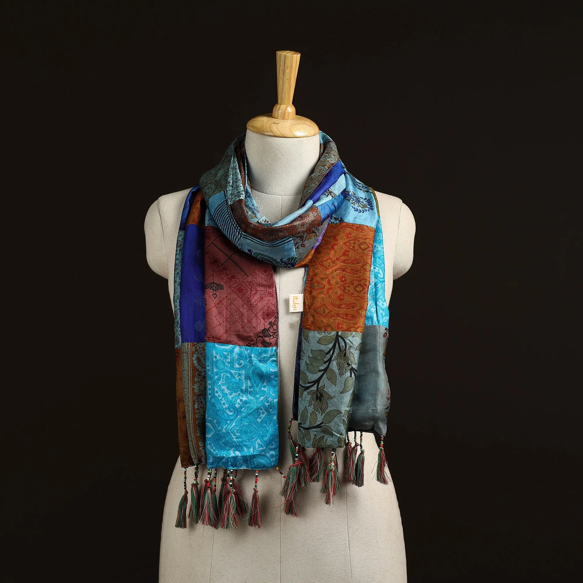 Multicolor - Pure Silk Patchwork Stole with Tassels 30 sold by Itokri