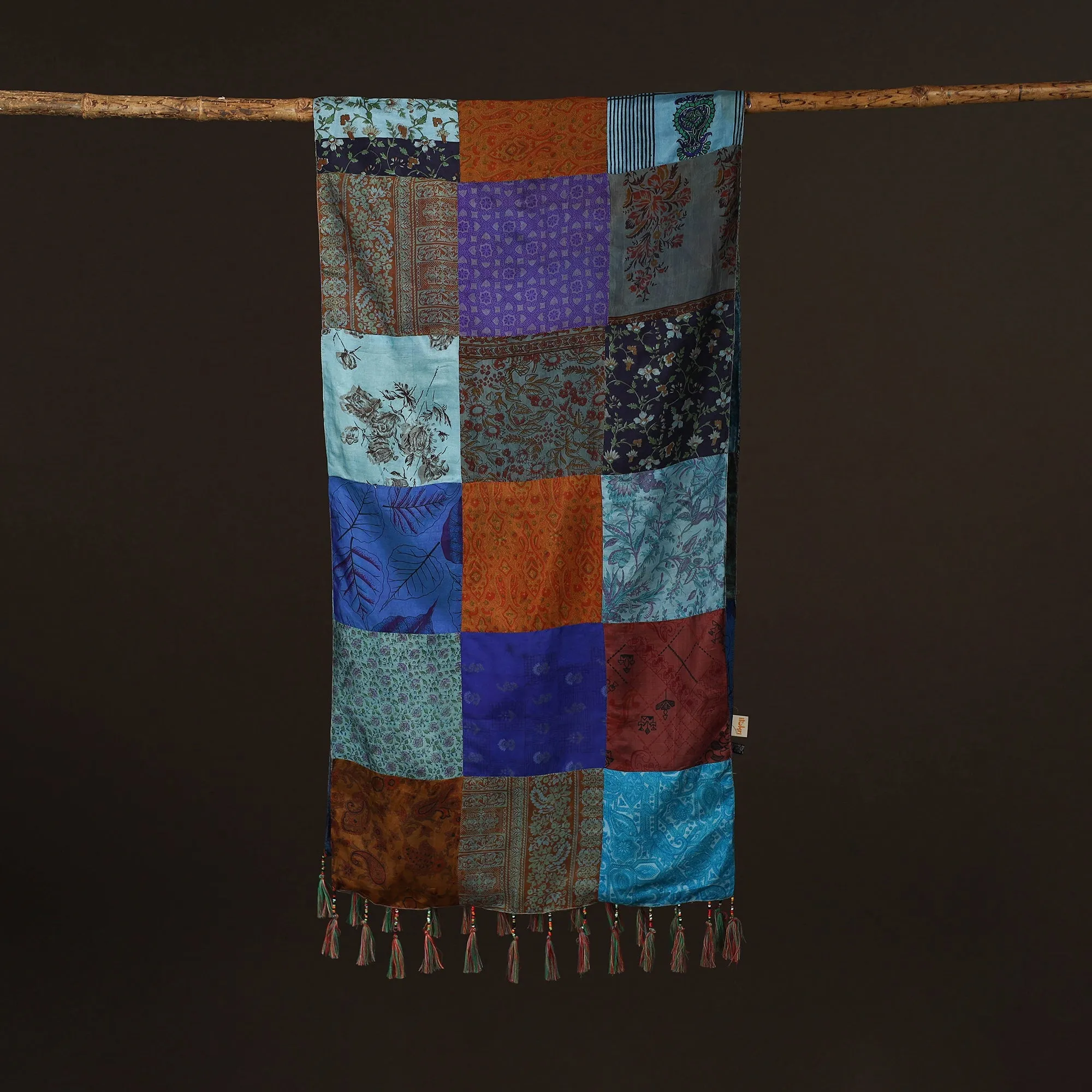 Multicolor - Pure Silk Patchwork Stole with Tassels 30 sold by Itokri product image thumbnail 3