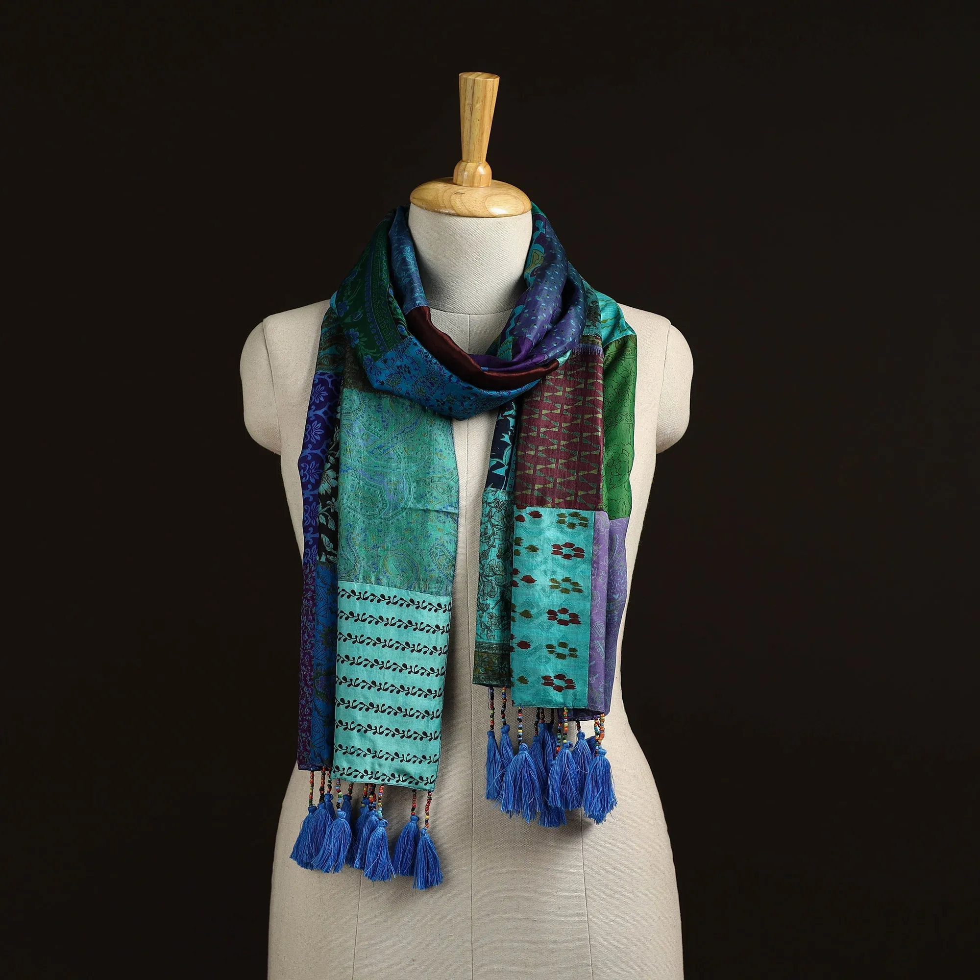 Multicolor - Pure Silk Patchwork Stole with Tassels 28 sold by Itokri