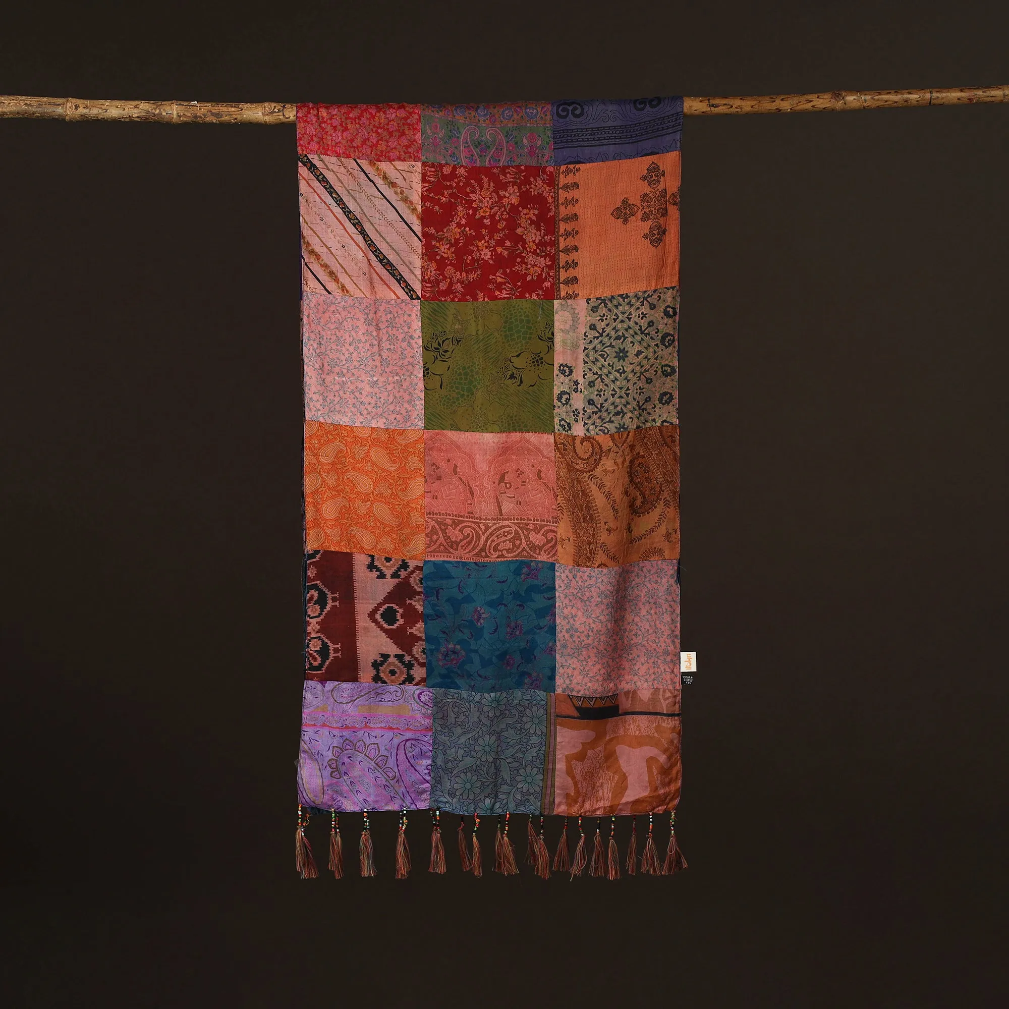 Multicolor - Pure Silk Patchwork Stole with Tassels 27 sold by Itokri product image thumbnail 3
