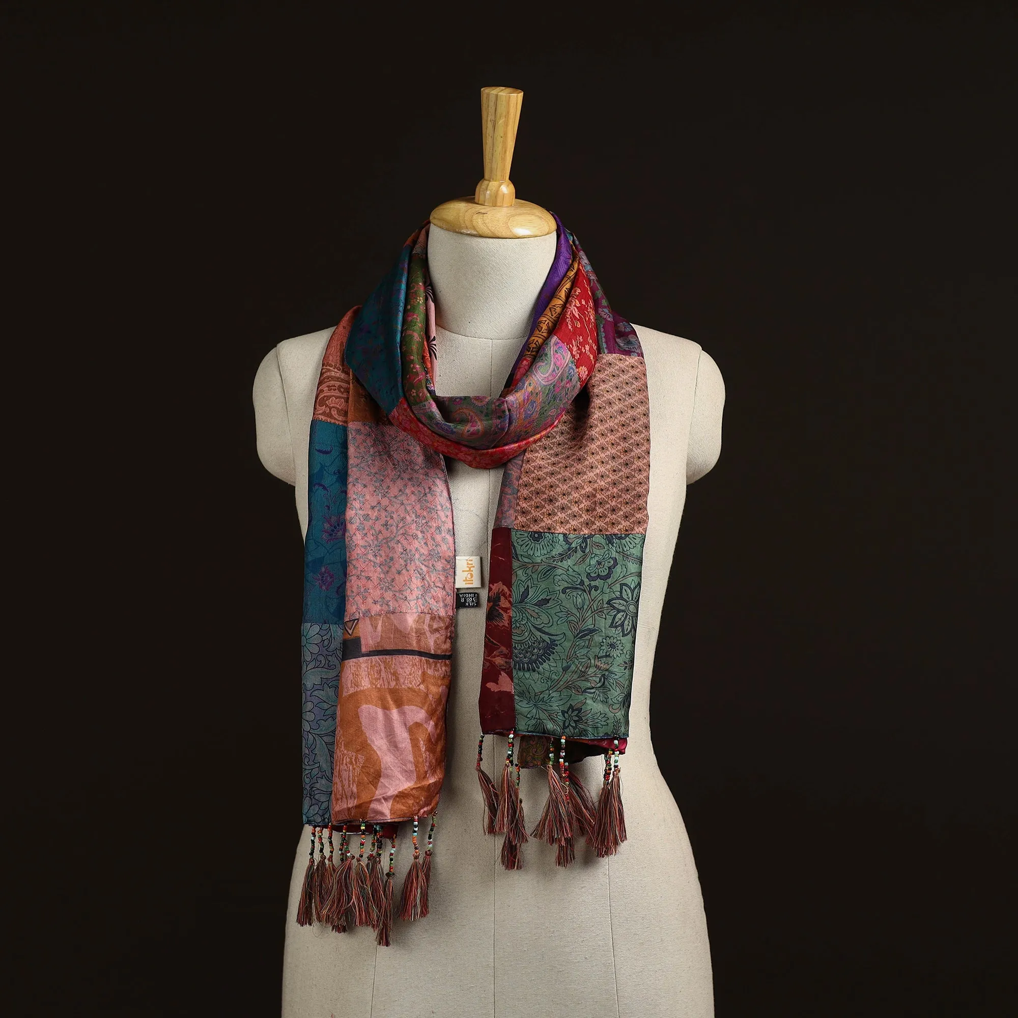 Multicolor - Pure Silk Patchwork Stole with Tassels 27 sold by Itokri