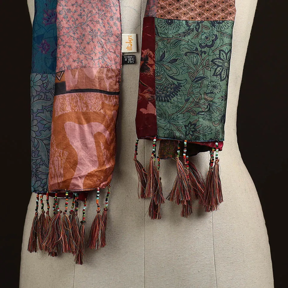 Multicolor - Pure Silk Patchwork Stole with Tassels 27 sold by Itokri product image thumbnail 2