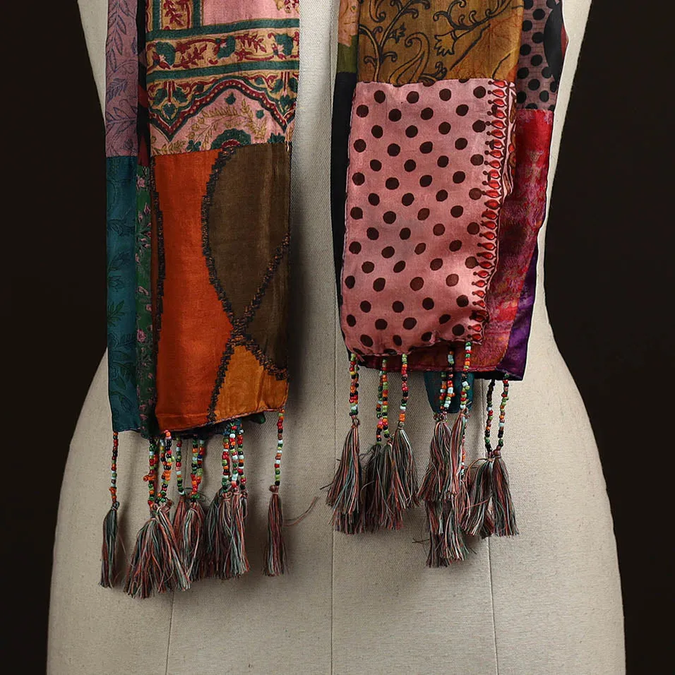 Multicolor - Pure Silk Patchwork Stole with Tassels 26 sold by Itokri product image thumbnail 2