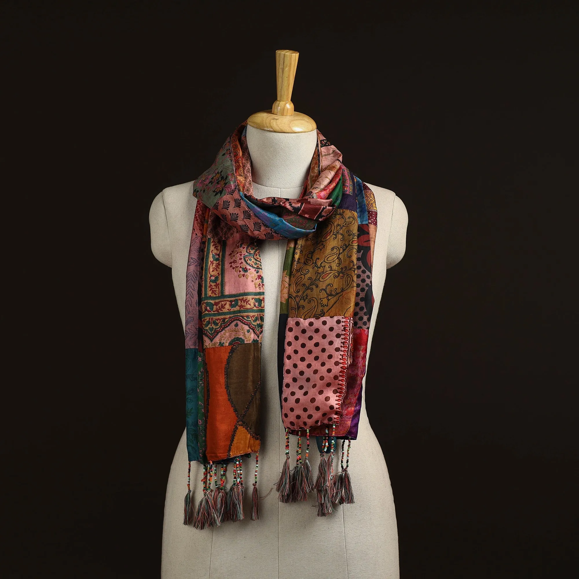 Multicolor - Pure Silk Patchwork Stole with Tassels 26 sold by Itokri