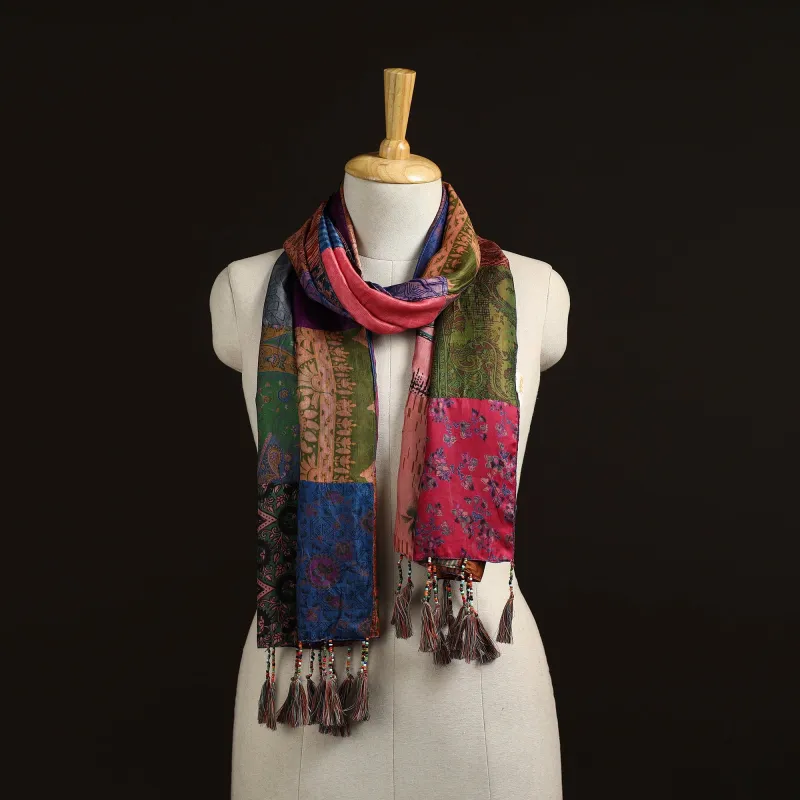 Multicolor - Pure Silk Patchwork Stole with Tassels 24 made by Itokri