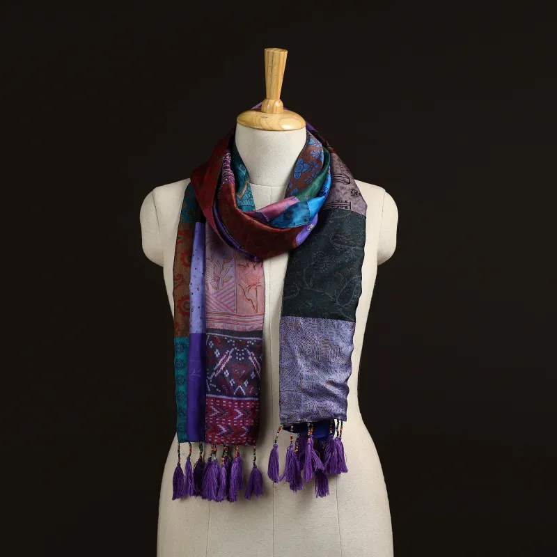 Multicolor - Pure Silk Patchwork Stole with Tassels 21 made by Itokri