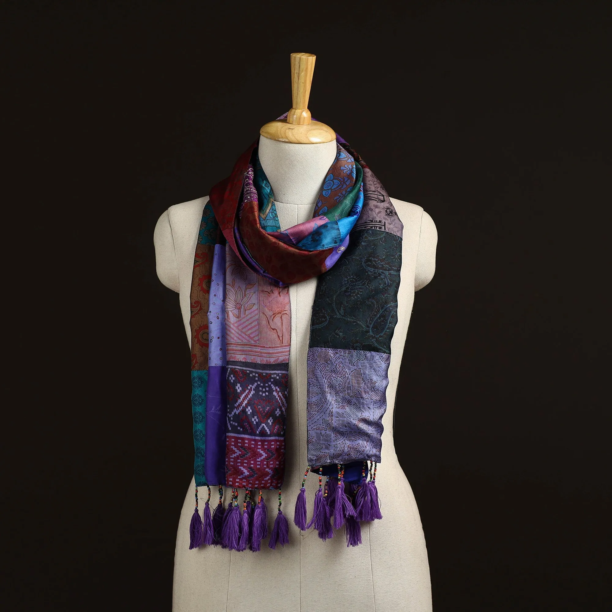 Multicolor - Pure Silk Patchwork Stole with Tassels 21 sold by Itokri