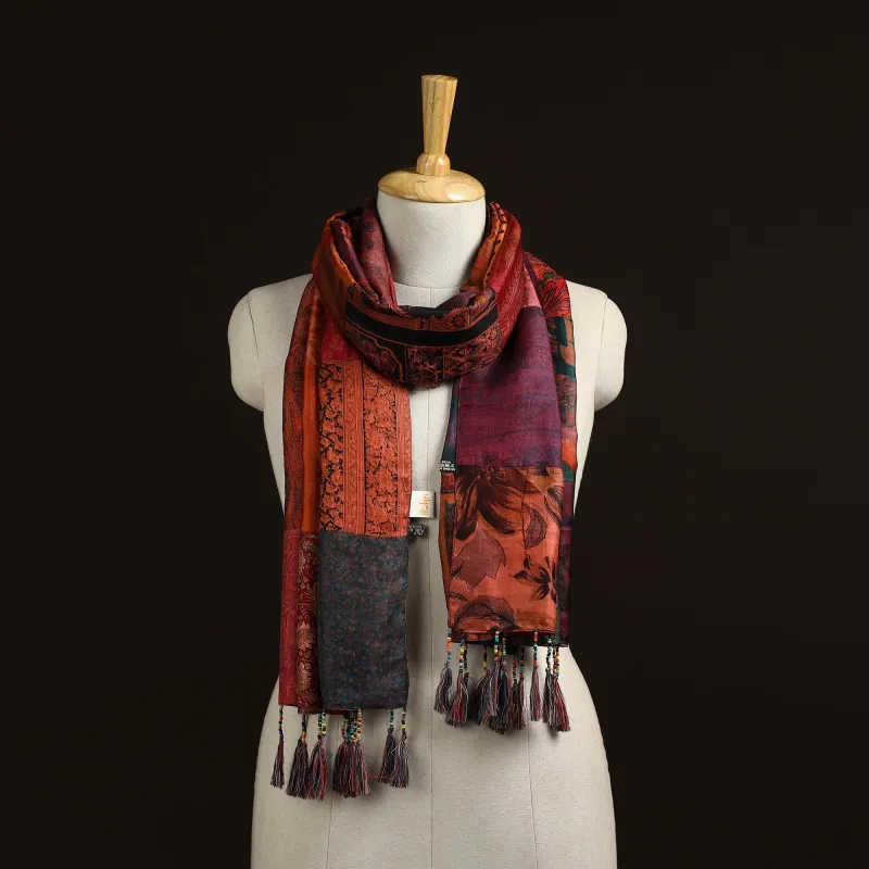 Multicolor - Pure Silk Patchwork Stole with Tassels 20 made by Itokri
