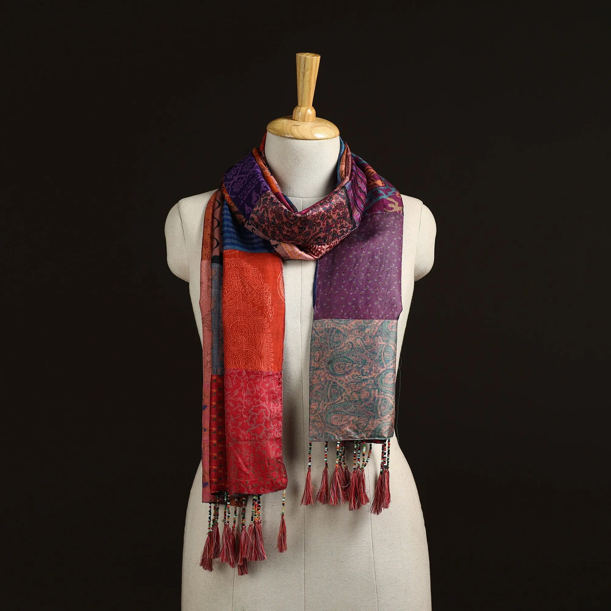 Multicolor - Pure Silk Patchwork Stole with Tassels 18 sold by Itokri