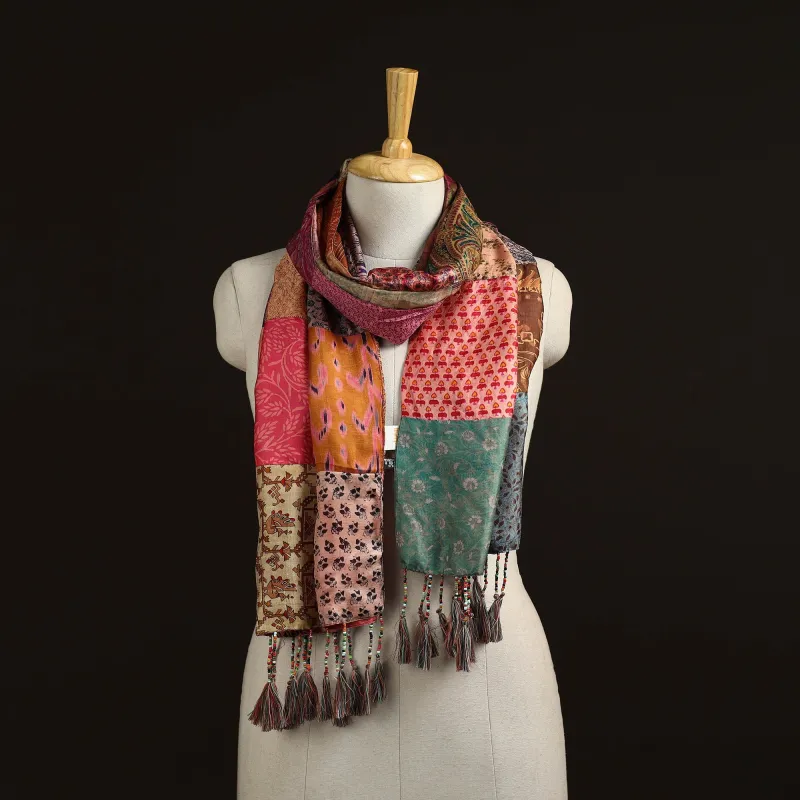 Multicolor - Pure Silk Patchwork Stole with Tassels 17 made by Itokri