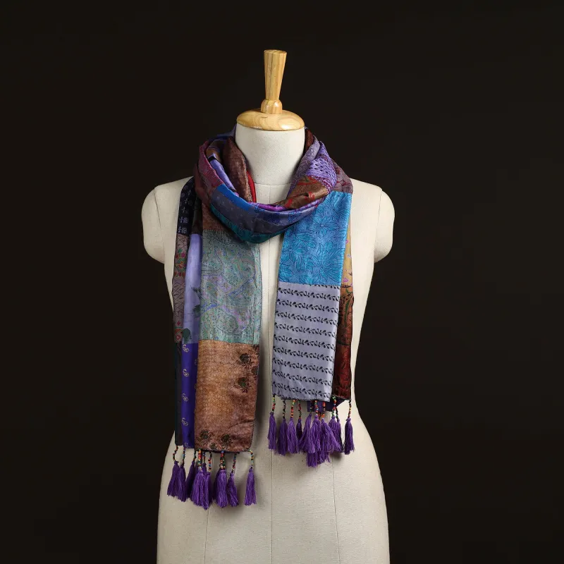 Multicolor - Pure Silk Patchwork Stole with Tassels 14 made by Itokri