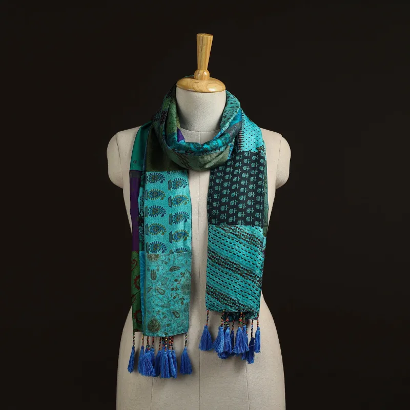 Pure Silk Patchwork Stole with Tassels 12 made by Itokri