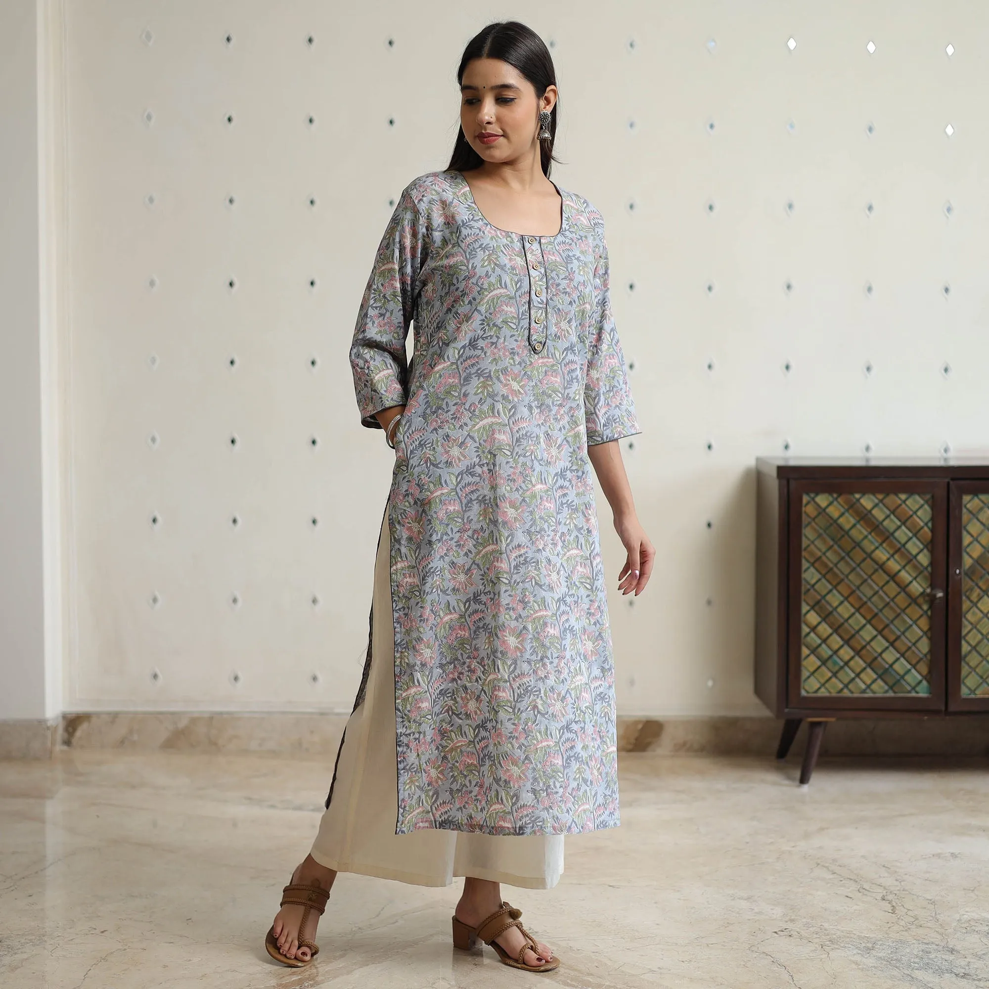 Blue - Sanganeri Block Printed Cotton Long Straight Kurta 44 sold by Itokri product image thumbnail 3