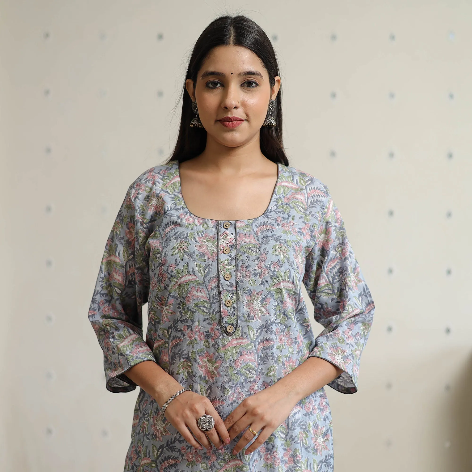 Blue - Sanganeri Block Printed Cotton Long Straight Kurta 44 sold by Itokri